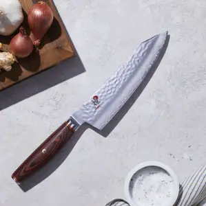 MIYABI Artisan 7-inch Rocking Santoku Knife, Fine Edge, Japanese Steel, Cocobolo Rosewood Handle, Precision Cutting Tool