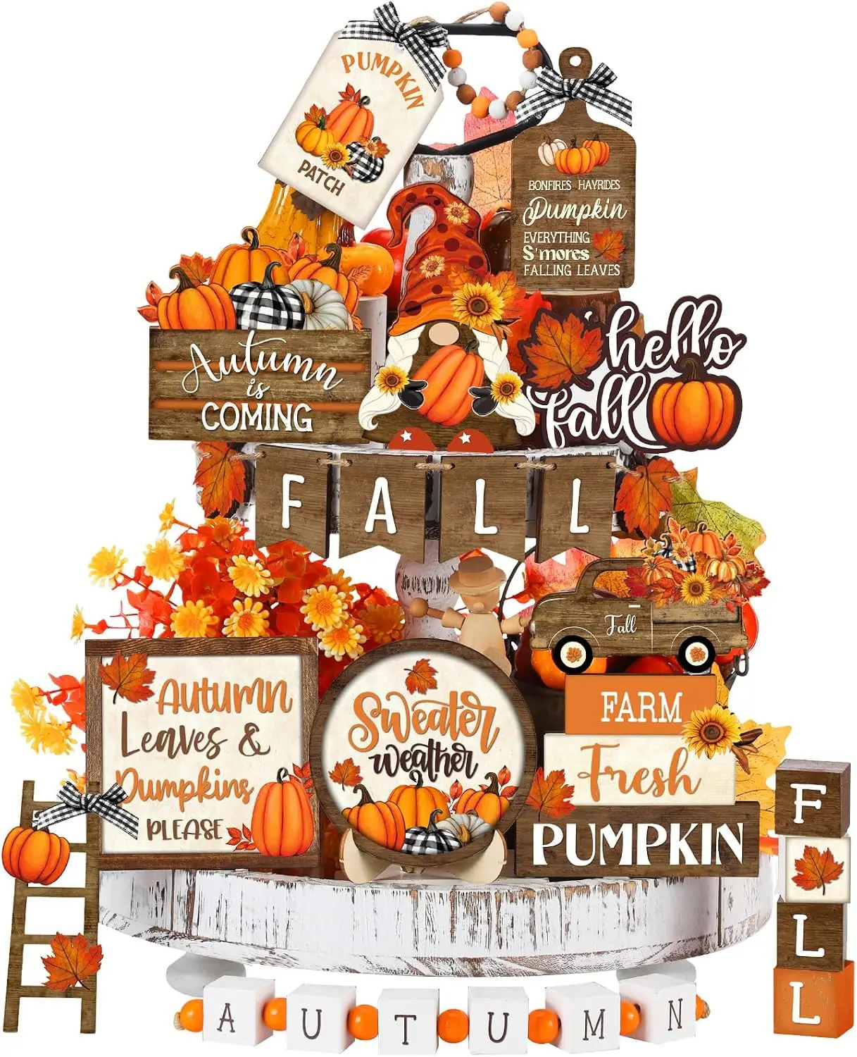 21 Pcs Fall Tiered Tray Decor Set Vintage Pumpkin Gnome Truck| Thanksgiving Centerpiece, Wooden Bead, Rustic Farmhouse Autumn Styles for Tabletop Home Display