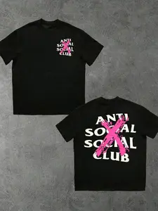 Anti Social Social Club Graphic Tee — Hot-Selling Casual Streetwear! Bold Pink X Print + Brand Text, Black Base & Oversized Fit For Urban Edgy Style. Trendy Statement Top, Casual Letter Print, Menswear.