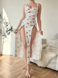 Women's Cherry Print Long Nightgown Set, Sexy Underwear & D-String Panty Combo, Comfortable Sleepwear for Women