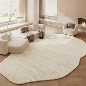 Modern Minimalist Large-Size Beige Rug – Irregular Shaped Plush Carpet with Textured Pattern, Fluffy & Soft Mat for Living Room, Bedroom, Lounge, Cloakroom and Entryway, Washable Cashmere-like Non-Slip Rug with Washable Base