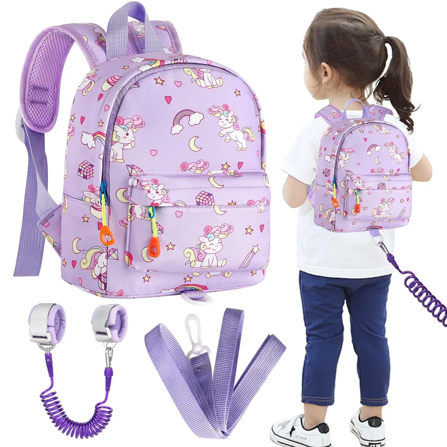 Toddler Backpack Leash with Anti Lost Wrist Link Cute Mini Child Walking Harnesses Keep Kids Close Back Pack Rope Tether Rein for Baby Boys Purple Unicorn