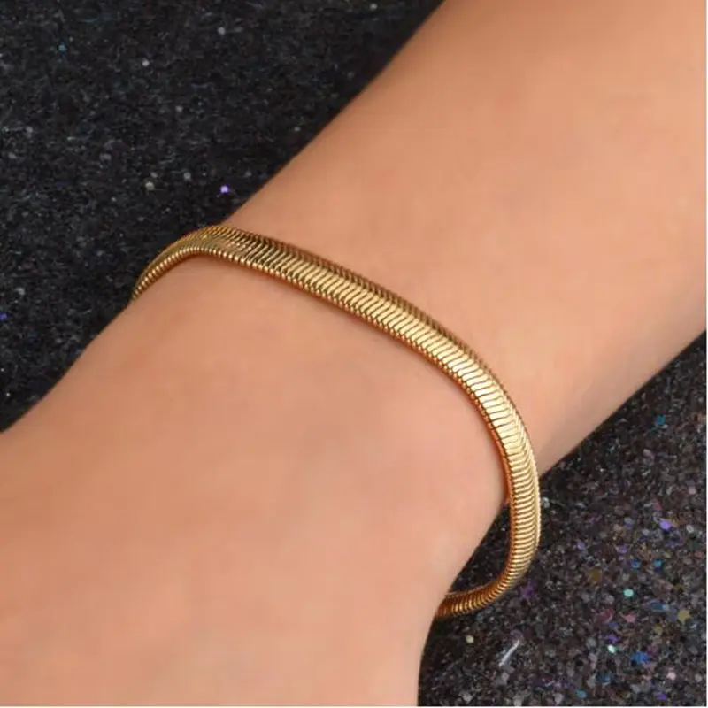 14K Gold Plated Flat Herringbone Snake Chain Bracelet - Sleek Minimalist Wristwear, Unisex Everyday & Stackable Jewelry