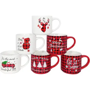 QIKSION Ceramic Christmas Mug Set of 6, 16Oz Red Black Plaid Christmas Coffee Mug, Stackable Holiday Coffee Mugs as Christmas Gifts for Family, Friends and Colleagues QIKSION