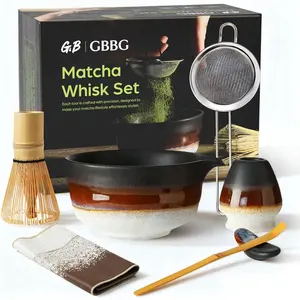 Matcha Whisk Set, Ceramic Matcha Kit Desert Style, Matcha Whisk and Bowl, Bamboo Scoop and Rest, Sifter and Tea Towel, 7 Pcs Gifts for Matcha Lover - Matte Black