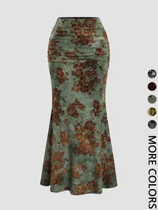 Women's Vintage Velvet Print Ruffle Casual Cute Long Mermaid Skirt, Fall Winter Fashion, All Seasons Wearable