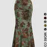 Women's Vintage Velvet Floral Print Ruffled Casual Cute Essential Long Mermaid Flared Skirt, Fall Winter Fashion, Floral Printed Skirt, All Seasons Wearable