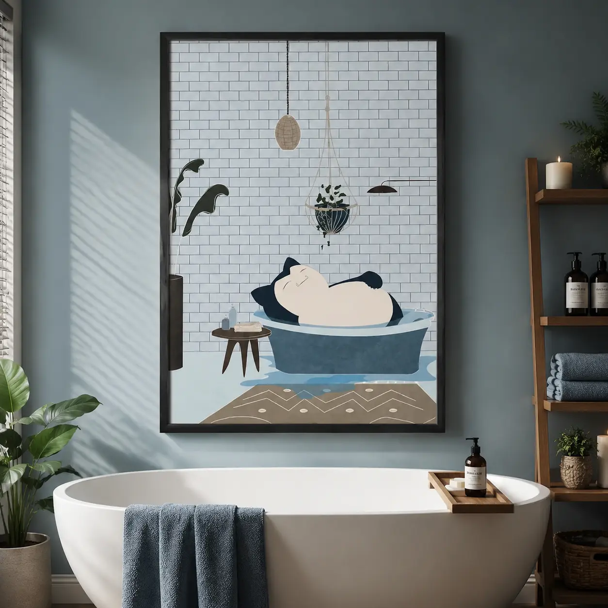 Snorlax Bathtub Anime Poster - Cute Kawaii Cartoon Wall Art Print, Home Decor for Bathroom, Above Bed Wall Decor, Room Decorations