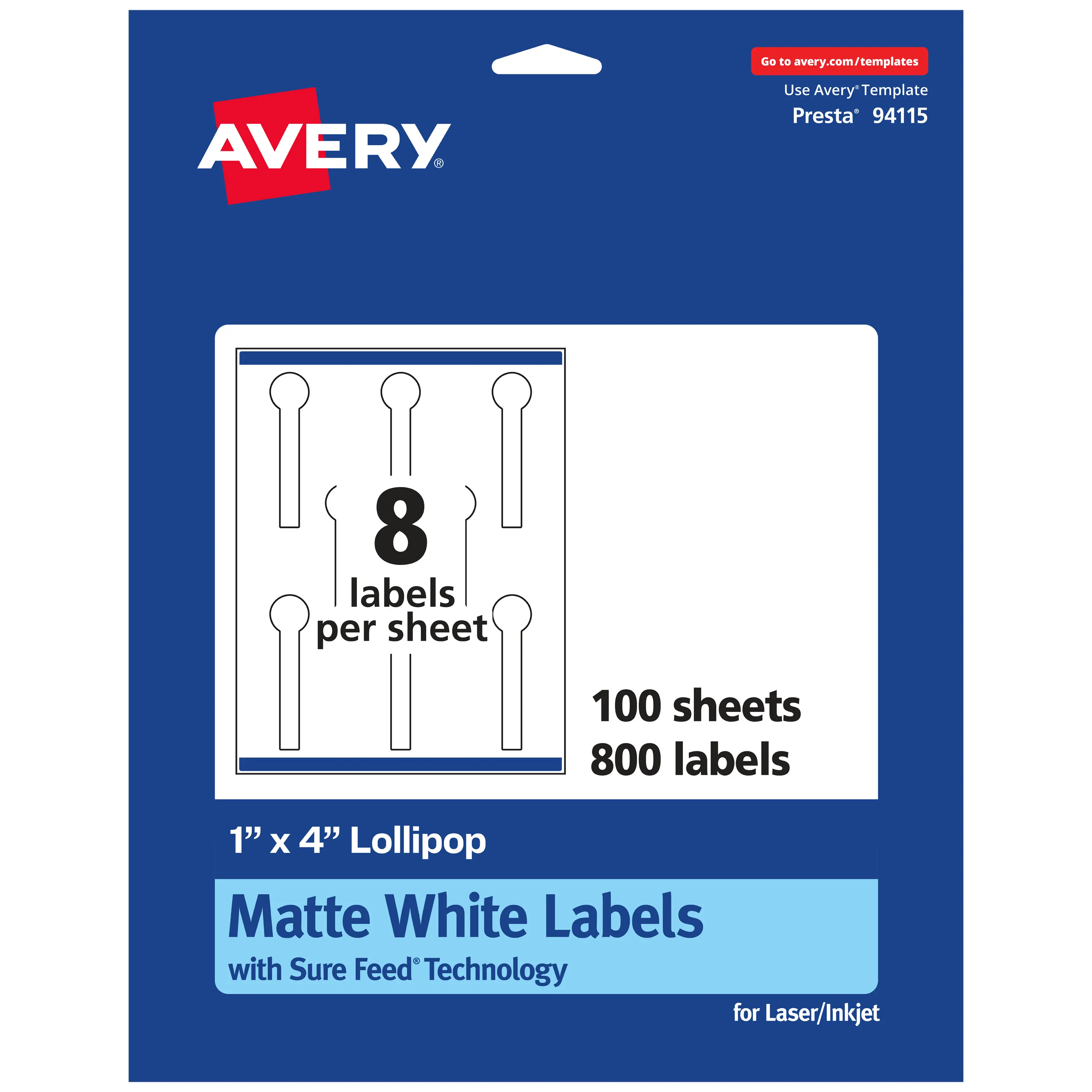 Avery Matte White Lollipop Labels with Sure Feed, 1" x 4"