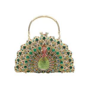 Women Dazzling Peacock Rhinestone Evening Purse Luxury Crystal Clutch Bag Metal Handle Handbag for Wedding Banquet