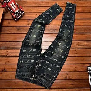 Autumn and winter light luxury printed jeans MEN'S slim fit skinny elastic trend fashionable retro blue denim trove