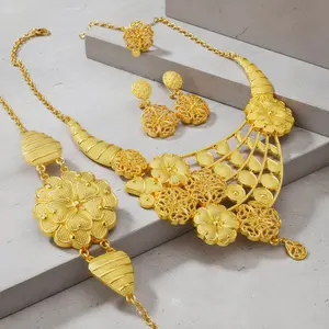 Women Fashion Flower  Gold Plated Bracelet Earring Necklace Ring Bridal Wedding Jewelry Set