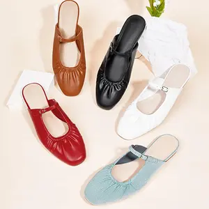 Coutgo Womens Mules Mary Jane Flats Closed Toe Pleated Slip on Shoes Dressy Casual Slides