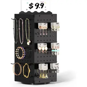 360 °   Rotating Pegboard Display Stand with Signage, 4-Sided Spinning Peg Board Stand with 24 for Jewelry, Earring & Keychain Holder Displays for Craft Shows & Vendor Events (Black)