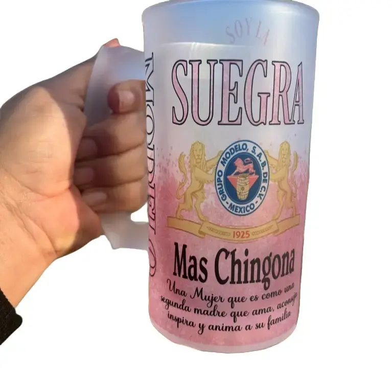 La Suegra Más Chingona Frosted 16oz Ceramic Beer Mug, Modern Reusable Washable Drinkware, Funny Accent Stylish Glass-Shaped Cup for Coffee, Beverage, Perfect Gift for Mom Mugs