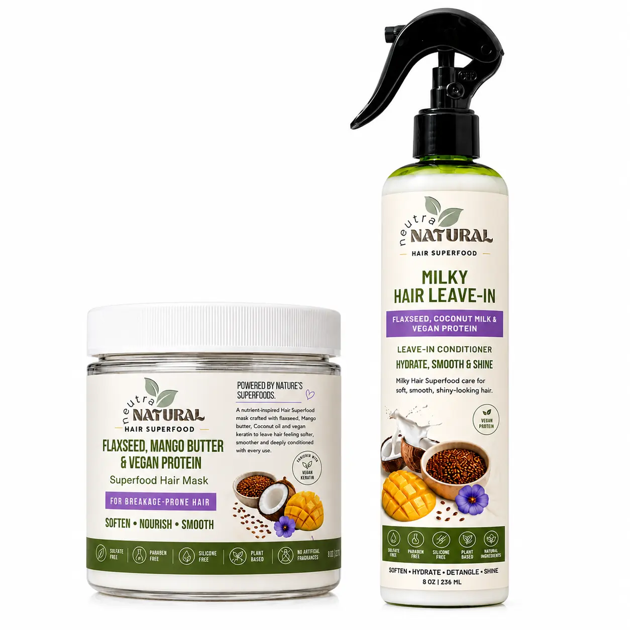 Neutra Natural Hair Superfood Duo | Hair Mask + Milky Leave-In Conditioner | Soft, Smooth & Shiny-Looking Hair