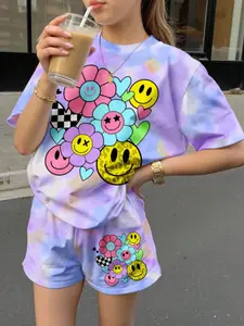 Teen Girls' Tie-Dye Floral Heart Leopard Short Sleeve Top & Shorts Set, Summer Beach Vintage Casual Vacation Boho Festival, Leopard Print Set