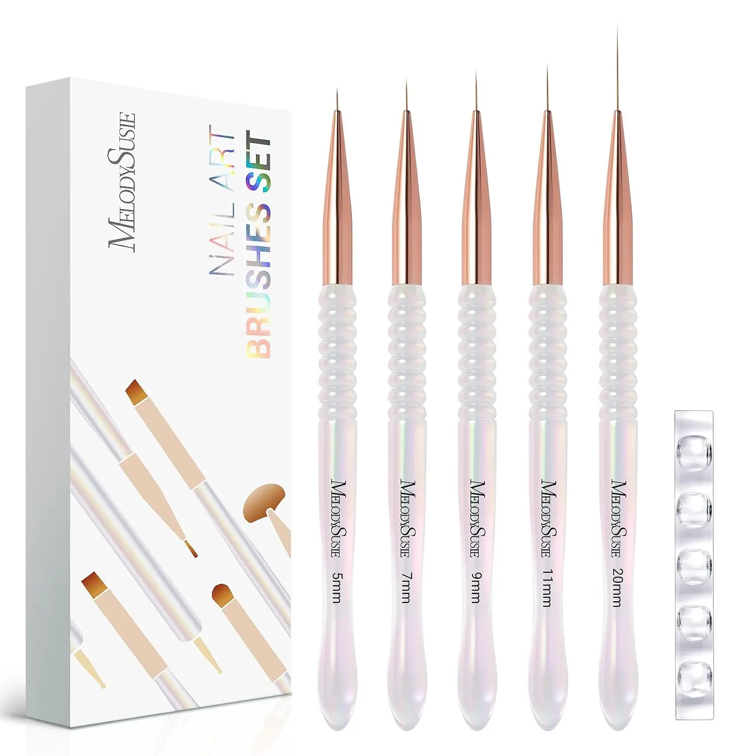 MelodySusie 5Pcs Nail Art Liner Brushes with Nail Brush Holder | Gel Polish Painting Art Design Pen for Thin Long Lines, Tiny Details, Fine Drawing, Delicate Coloring Sizes 5/7/9/11/20mm