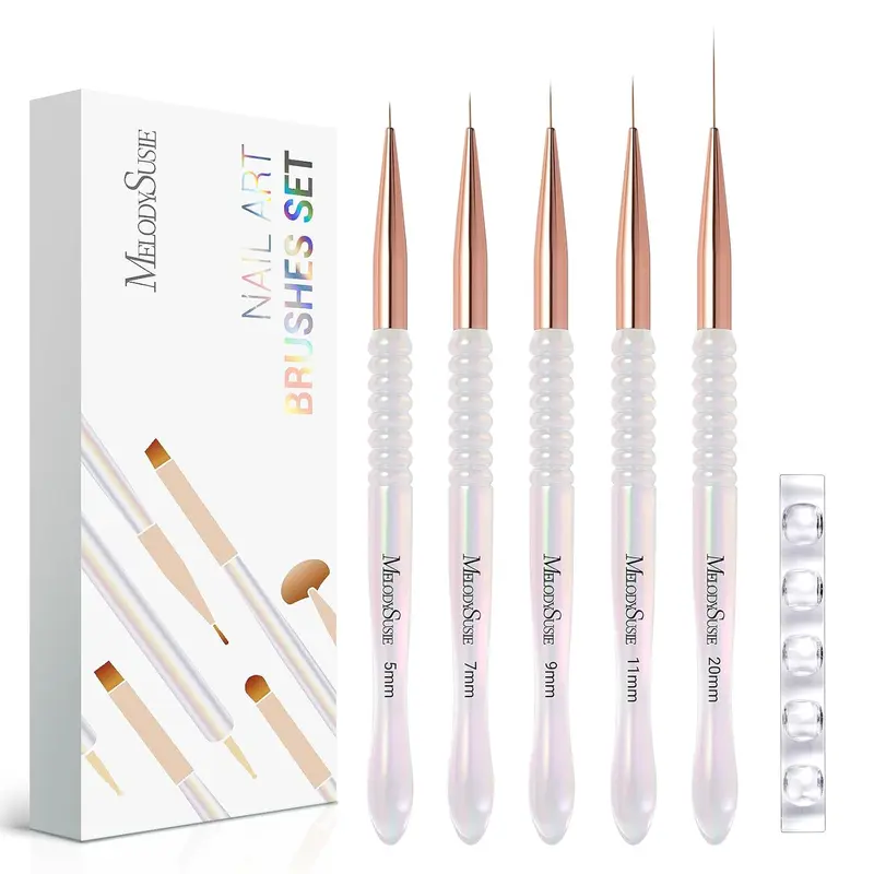 MelodySusie 5Pcs Nail Art Liner Brushes with Nail Brush Holder | Gel Polish Painting Art Design Pen for Thin Long Lines, Tiny Details, Fine Drawing, Delicate Coloring Sizes 5/7/9/11/20mm