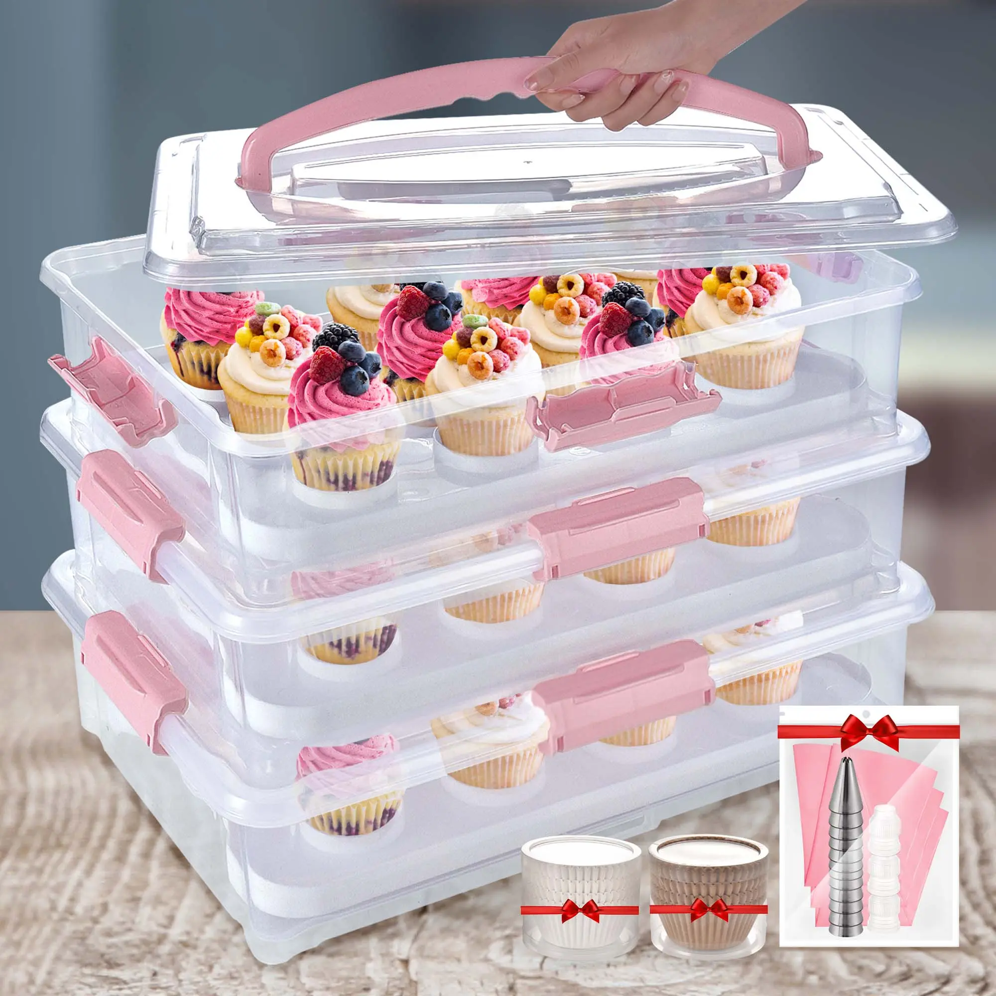 ARC 3-tiers Cupcake Carrier - Cupcake Holder and Cake Transport Container that Holds up to 36 Cupcakes or 3 Large Cakes - BPA-Free, Great for Parties & Festivals