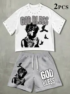 Men's Summer 2-Piece Set, God Bless Graphic Print T-Shirt with Rhinestones, Drawstring Shorts, Casual Loose Fit, Outdoor Wear