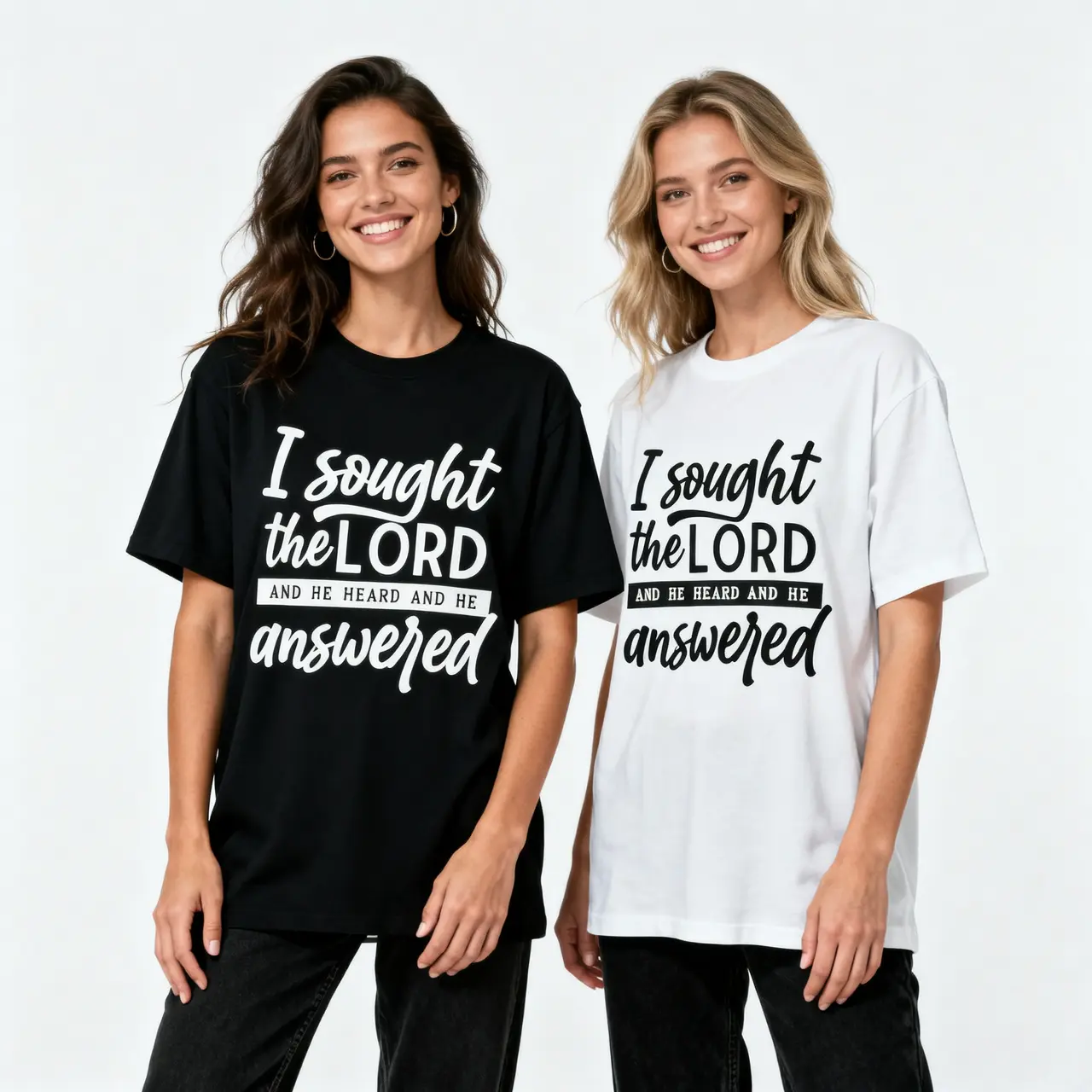 Scripture Short-Sleeve T-Shirt - 'I sought the LORD AND HE HEARD' Mixed Typography, Essential White & Black, Personalized Top, All Seasons Indoor Casual Wear, Simple Style Home Leisure Tshirt, Shortsleeve