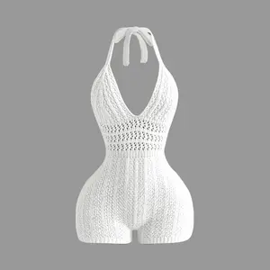 Women's Knitted Fitted Halter One-Piece Jumpsuit Hollow Out Pure Color Backless Tie Shorts Casual Fashion Spring Summer Wear Womenswear Overalls Rompers Sleeveless Sleeveless European Style Sexy Ripped