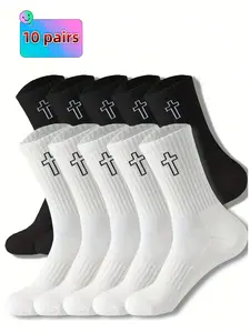 10 pairs of men's and women's cross pattern mid tube socks, dark trendy style, four season breathable and sweat absorbing couple socks, trendy men's and women's daily casual sports wear, suitable for outdoor outings Fit