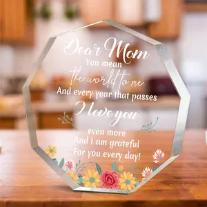 Flower & Letter Pattern Acrylic Ornament, 1 Count Clear Acrylic Plaque, Decorative Centerpiece for Home Kitchen Living Room, Gift for Mom, Birthday Gift