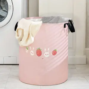 Cartoon Rabbit Strawberry Print Laundry Basket with Handle, Durable Foldable Dirty Clothes Storage Bin, Large Capacity Toy Organizer