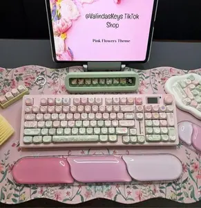 Pink Flowers Theme Mechanical Wireless Keyboard Full Set - Custom Keycaps, RGB, Wireless Multi-Device, Keyboard Accessory, Custom Keycaps Keyboards, Keyboard Accessory Keyboards