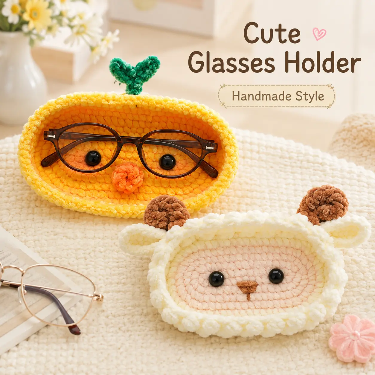 Glasses Holder - Handmade Crochet Animal Eyeglass Stand Tray with Soft Chenille Plush Yarn, Cute Scratch-Free Desktop Sunglasses Dish for Bedside Nightstand, Office Desk, Vanity & Home Decor, Aesthetic Cute Gift for Her, Kids, Teens & Readers