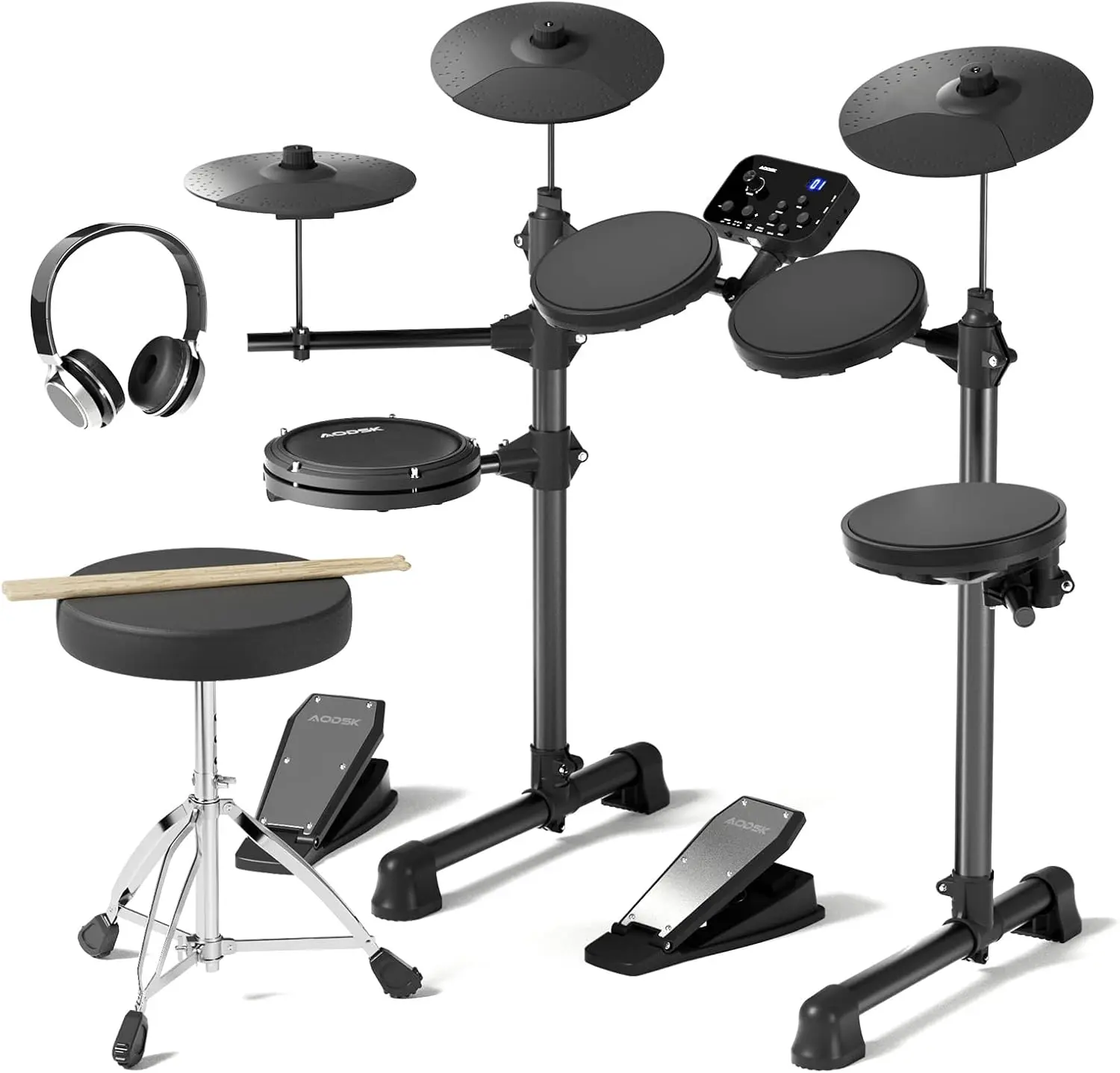 AODSK Electric Drum Set with Quiet Mesh Pads,Electronic Drum for Beginner,USB MIDI,Throne,Headphones,Sticks, Included 15 Kits and 195 Sounds (AED-403-Teenagers Beginners)