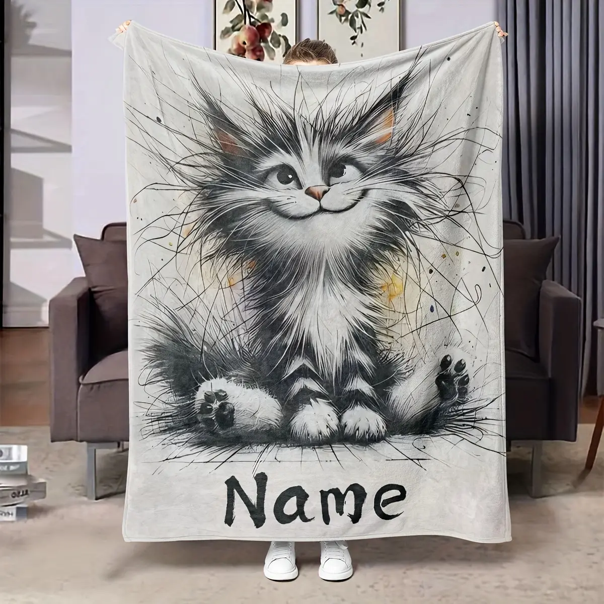 Customized Cat Animal Print Throw Blanket with Personalized Name - Contemporary Look, Polyester Knit, Hypoallergenic, Durable Tear Resistant, All Seasons, Machine Washable, Multipurpose for Sofa Office