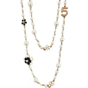 Fashion Jewelry Designer Pearl Camellia Necklace for Women Number 5 Long Double Stranded Necklace Birthday or Holidays Gifts