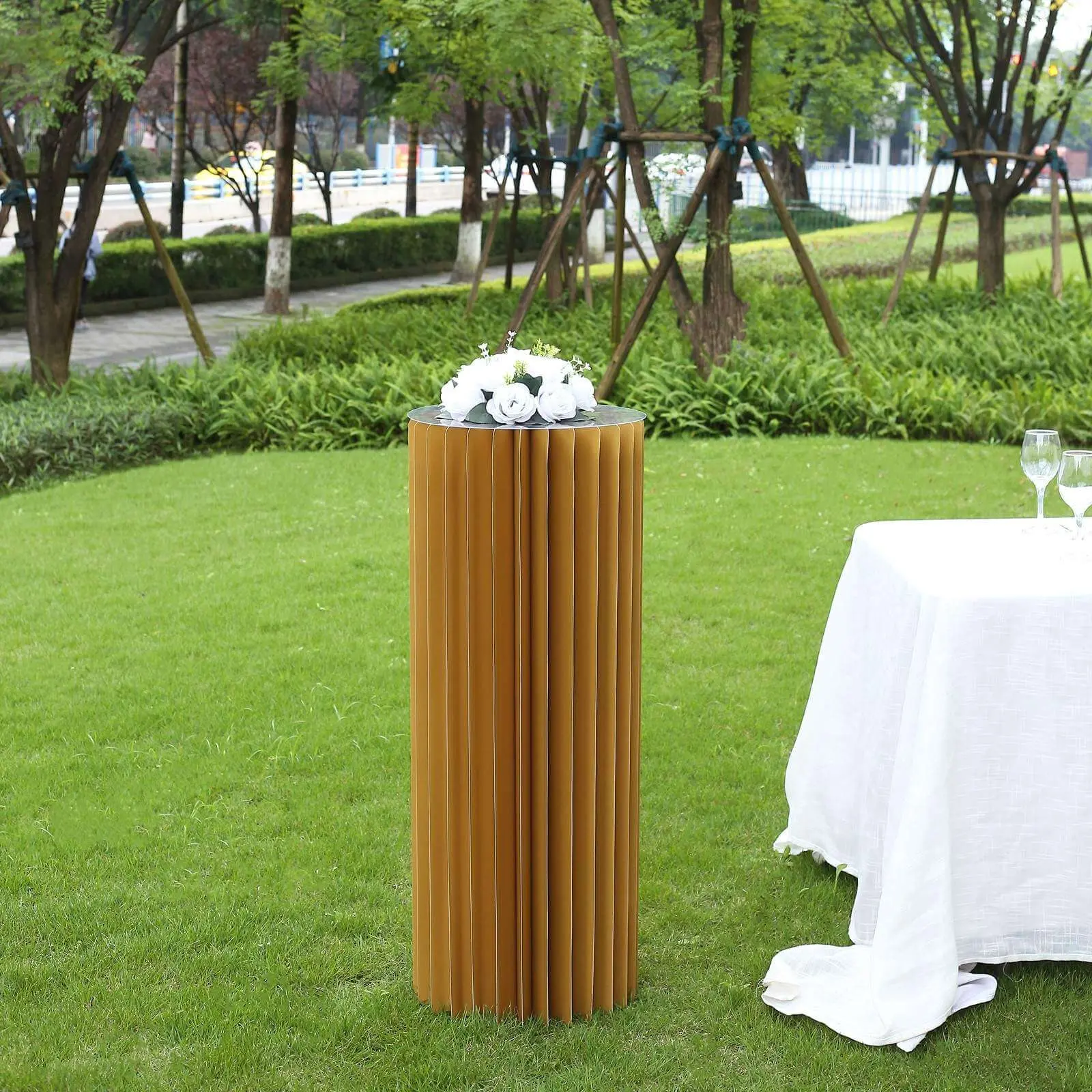 Gold 40" Cylinder Pillar Pedestal Stand with Top Plate - Home Decor Cake Stand for Happy Birthday, Room & Countertop Decor