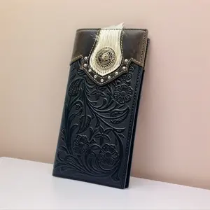 Men'S Berry Concho Studded Genuine Leather Long Bifold Wallets Western Cowboy Floral Embossed Full Grain Cowhide Leather Checkbook Card Holder, Gift For Boyfriend Husband Father's Day