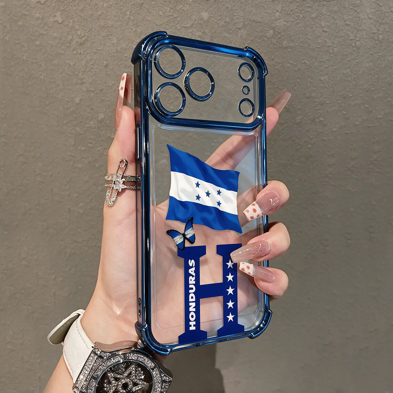 Honduras Flag Phone Case for iPhone 17 Pro Max / 16 / 15 Plus / Air / 14 / 13 / 12 / 11 & Samsung S26/S25/S24/S23/S22/S21 Ultra — Electroplated Transparent Silicone, Drop-Proof Protective Cover with Essence Pattern Design