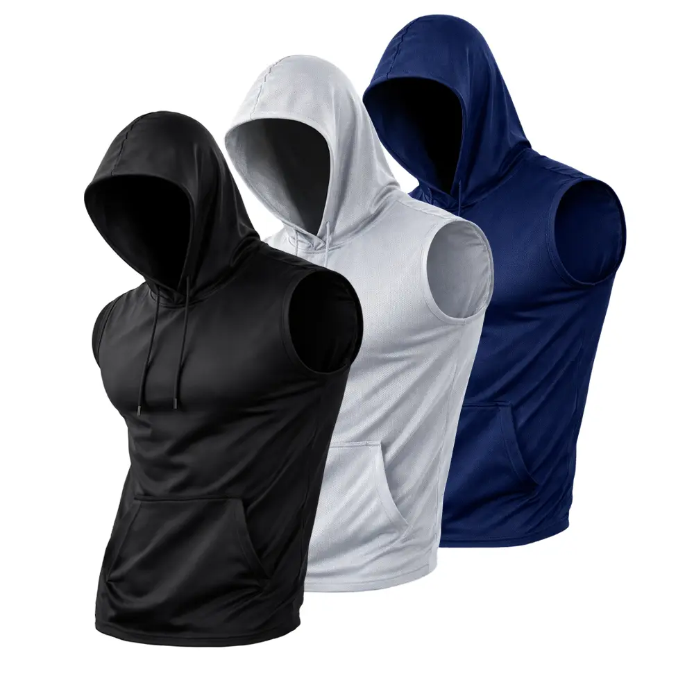 Men's 3-Pack Solid Color Sleeveless Crew Neck Hooded Fitness Vests - Dry Fit Activewear, Quick Dry Mesh Upper Body Fabric, Front Kangaroo Pocket, Adjustable Drawstring Hood, Casual Breathable Sportswear - Ideal for Morning Runs, Home Wear