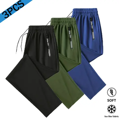 Men's 3-Pack Ice Silk Sportswear Pants - Casual Fit, Mid Waist with Drawstrings, Secure Deep Zipper Pockets, Quick Dry Breathable Men's Clothing for Summer