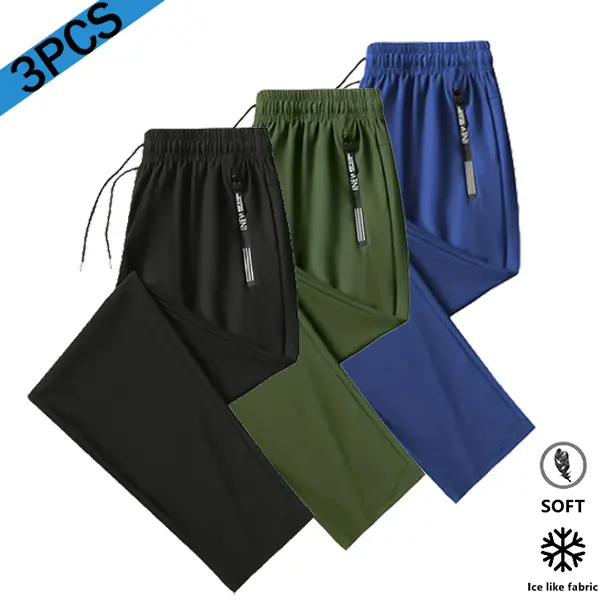 Men's 3-Pack Ice Silk Activewear Pants - Casual Loose Straight Trousers with Drawstring Waist, Zipper Pockets, Quick Dry, Breathable for Summer