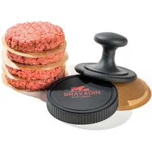 BRAVADIN Hamburger Press Patty Maker w/100 Unbleached Round Patty Papers Kitchen Mold Meat Silicone Utensils Bpa