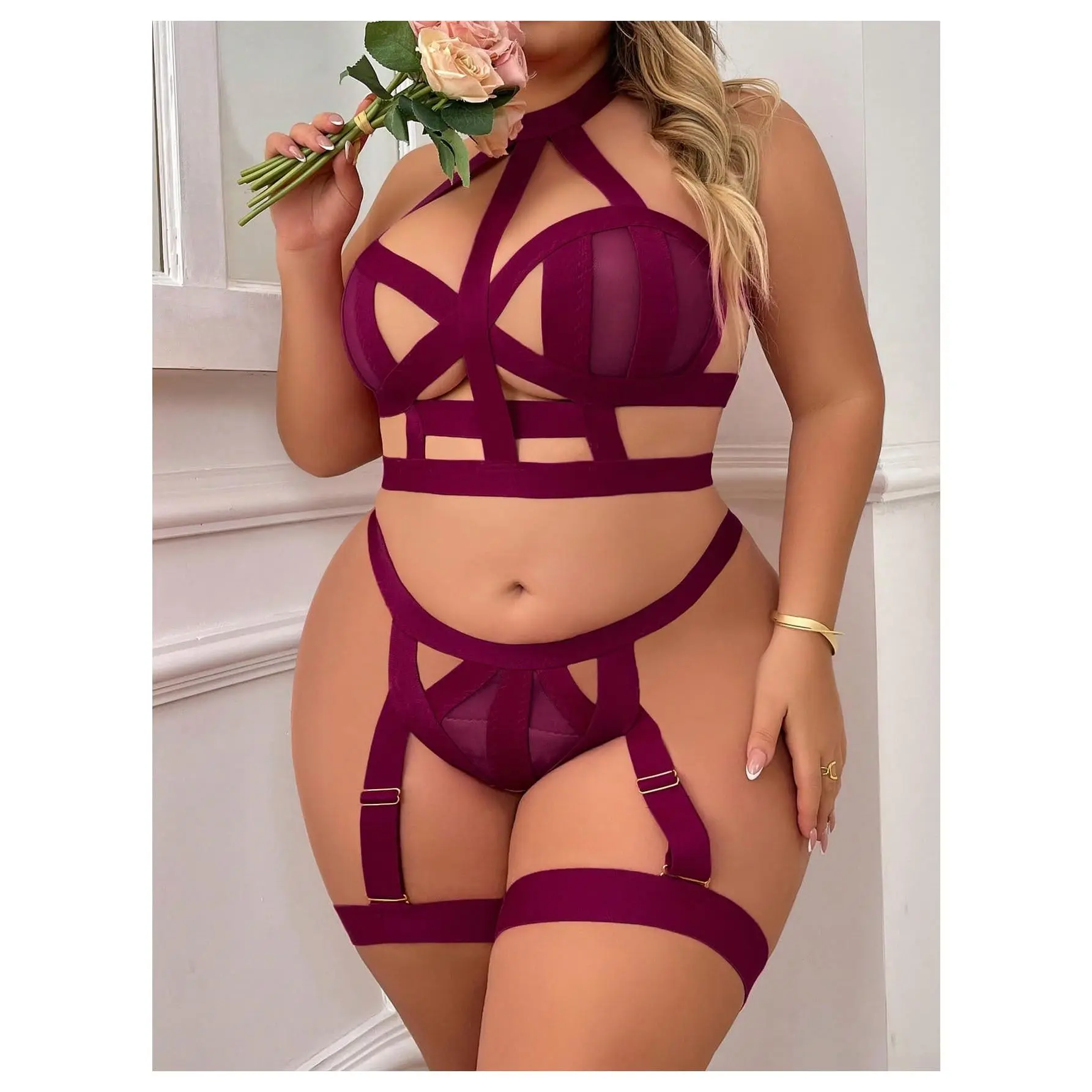 Plus Size 4-Piece Lingerie Set, Strappy Harness with Thick Elastic Bands, Criss Cross Halter Top, Matching Thong and Garter Belt, Corset, Crop Top, Backless, Comfortable, Solid, Party, Sexy
