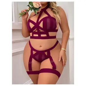 Plus Size Women's Strappy Harness Hollow Out 4-Piece Lingerie Set - Criss Cross Bra, Thong & Garters with