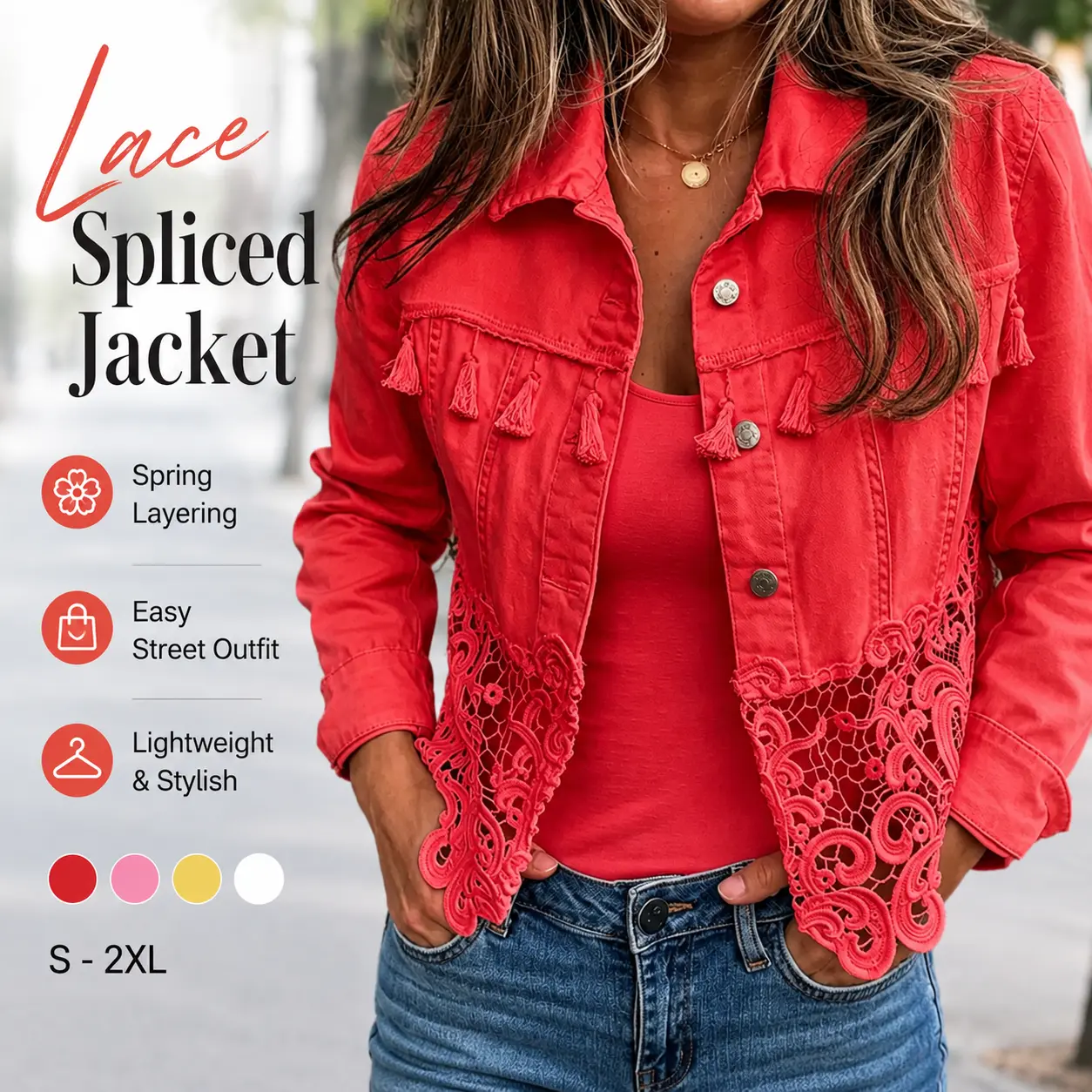 Women’s Lace Spliced Denim Jacket with Tassel Trim, Button-Up Long Sleeve Lightweight Casual Coat