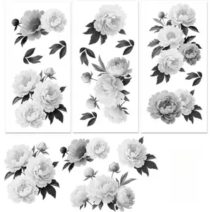 3 Sheet Retro Black and White Peony Flower Furniture Decals, Cabinet Stickers for Dresser Drawer Kitchen Vanity Farmhouse, Removable Vinyl Stickers, Easy Peel and Stick, Medium Pattern