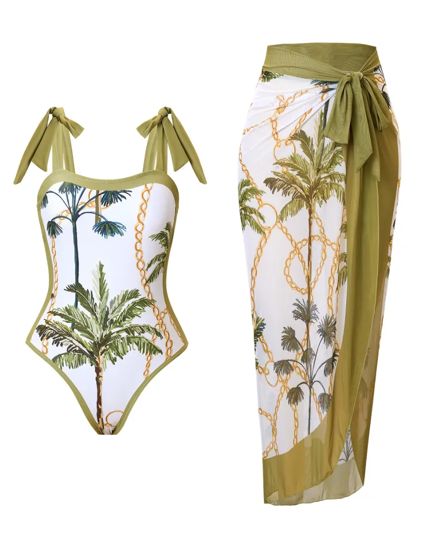 Women's Tropical Graphic 1-Piece Swimsuit with Push-Up Bra & Sheer Cover-Up Skirt Set, Cold Wash Sports Swimwear for Beach Holiday, One Piece