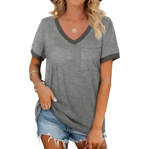 Womens T Shirts Short Sleeve V Neck Loose Casual Summer Tops with Pocket Womenswear Streetwear Tshirt All White Vneck Shortsleeve Basic