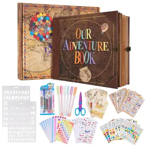 Our Adventure Book Scrapbook Classic 146 Page DIY Photo Album Vintage Style Embossed Envelope Travel Diary Anniversary Wedding Commemorative Book Picture Box Gift Letter Stickers