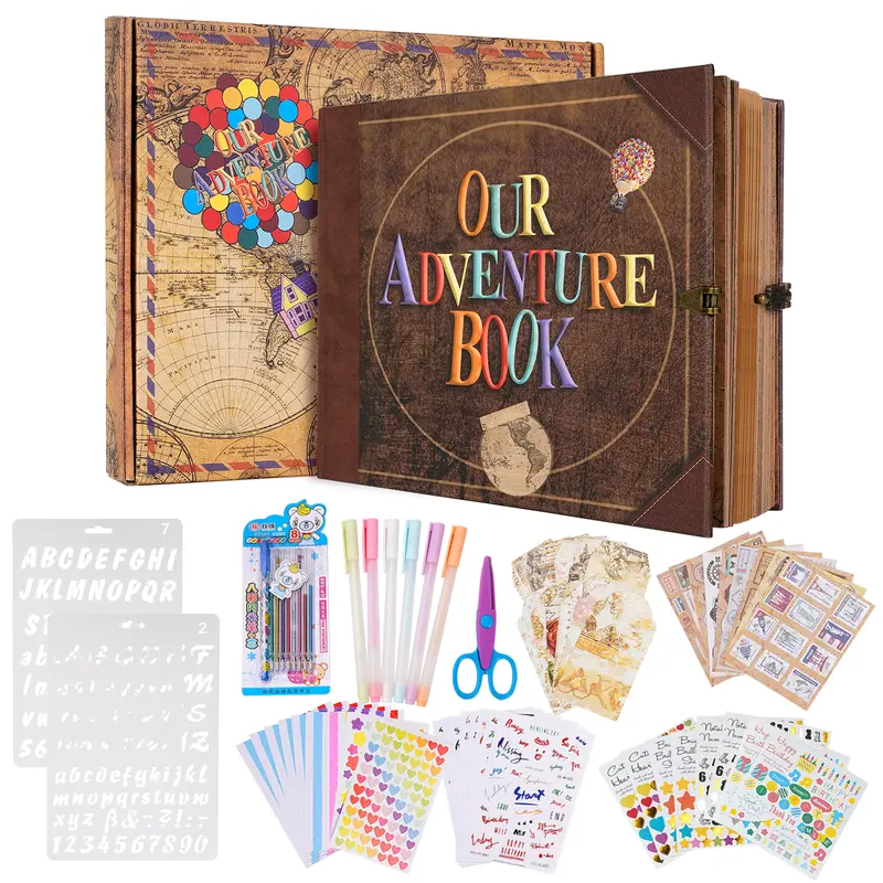 Our Adventure Book Classic Vintage Embossed Hardcover Metal-Bound Scrapbook - 146-Page DIY Photo Album with Envelope, Scrapbook Materials, Art Stickers, Journal Kit Set, DIY Layout Lets Stories Unfold, Anniversary Gift (Home Decor)